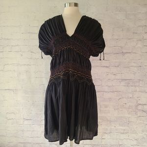 Free People Embroidered Smocked Black Dress Short Sleeve Small